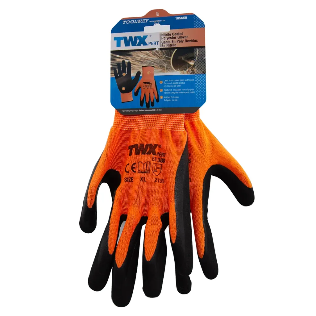 1dz Knitted Polyester Gloves Orange With Latex Foam Black Palm L