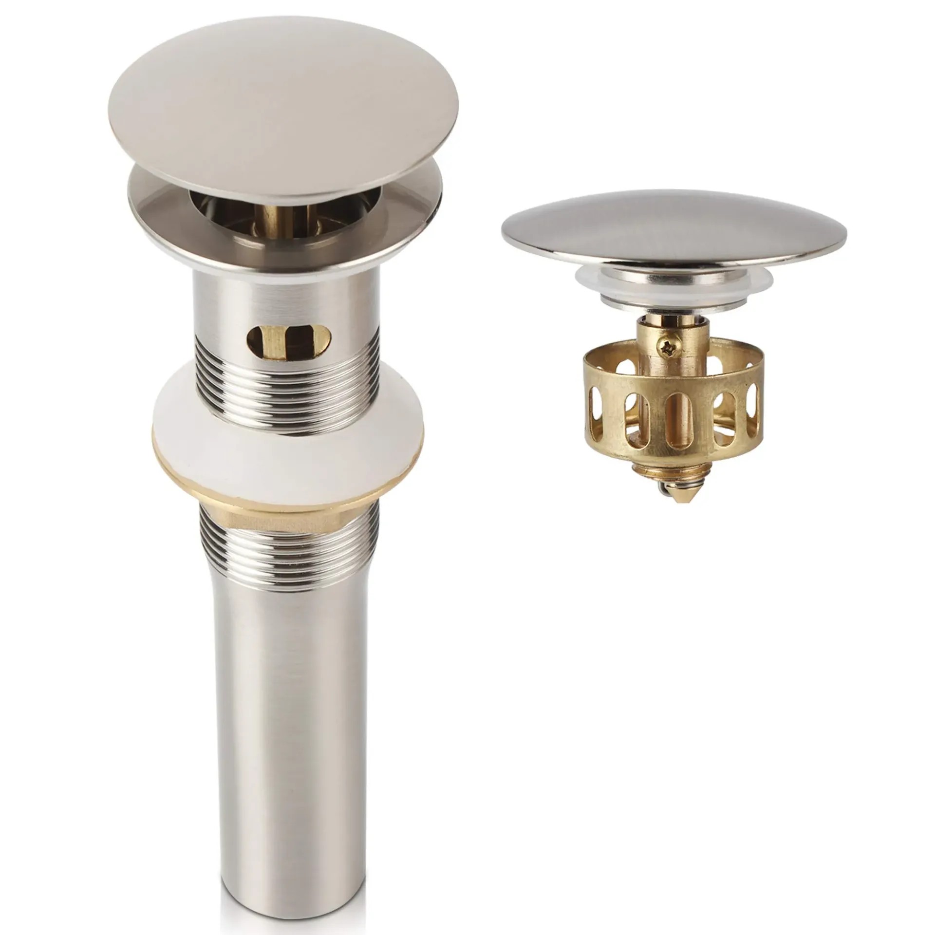 Pop up drain brushed nickel metal
